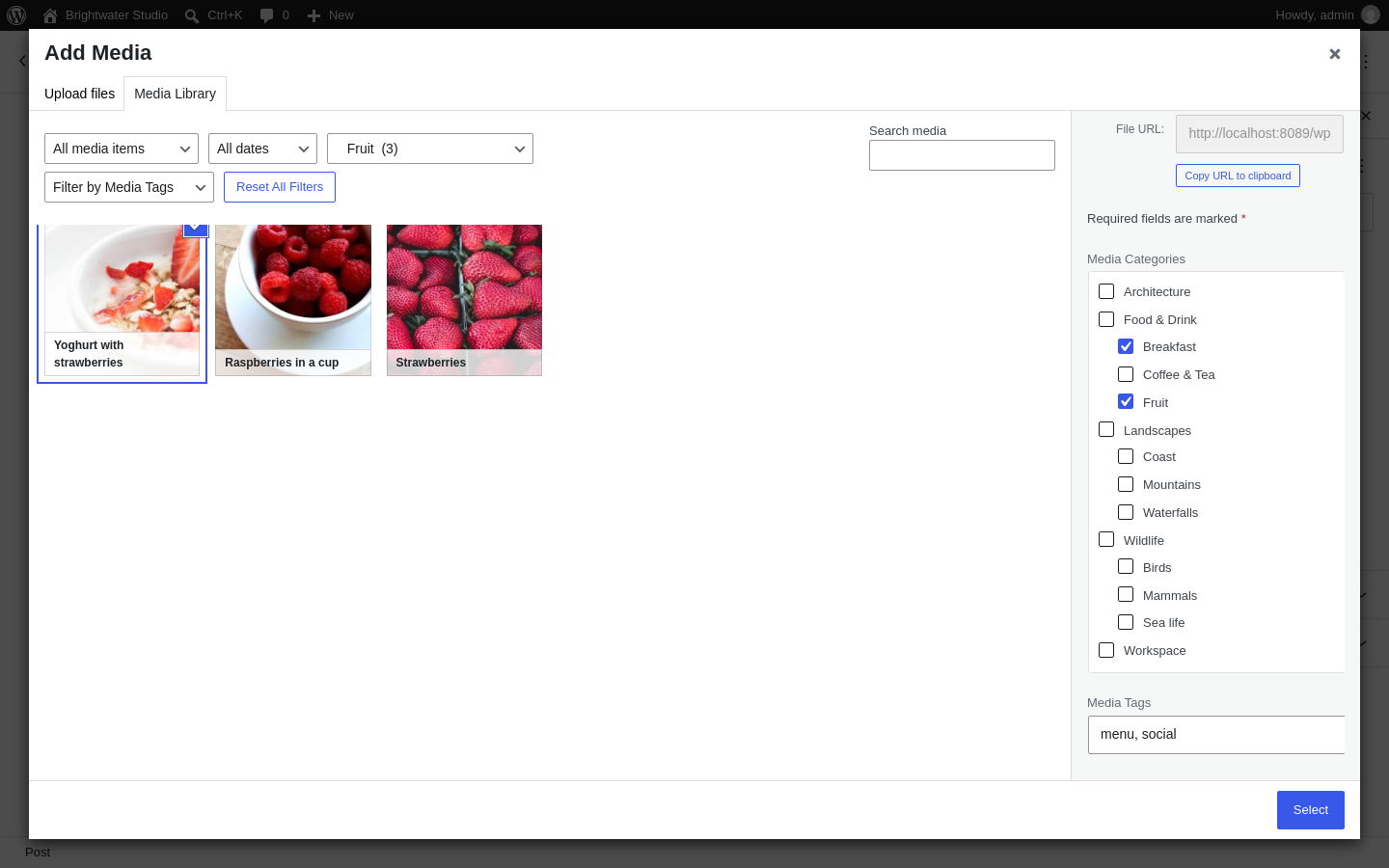 The Add Media popup filtered to the Fruit category, with category checkboxes and tags in the sidebar.